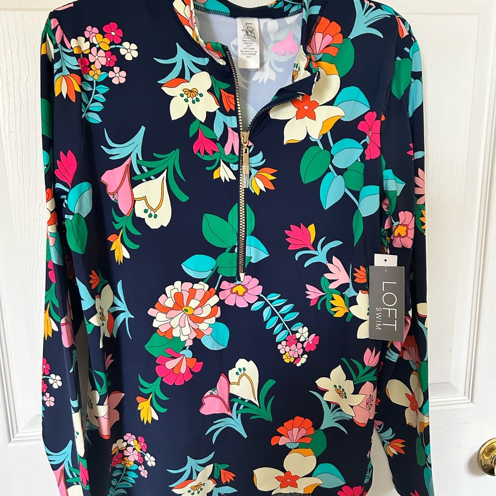 LOFT Blue One Piece Swimsuit with Long Sleeves - Picture 5 of 7